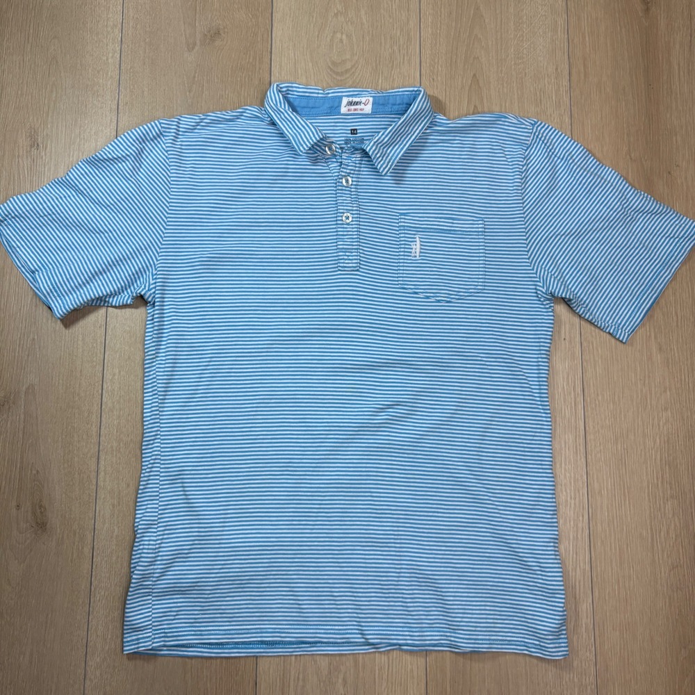 Johnnie-O Boys Blue White Striped Short Sleeve Polo Shirt Size 14 Chest Pocket